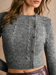 Poéselle Autumn And Winter Truncated Round Neck Long Sleeve Single-Breasted Short Fitted Sweater, Open Placket Truncated Sweater, Cute Sweater, Fall Women's Clothing, Going Out Tops, Business Casual Women, Fall Sweater, Office Wear, Basic Sweater, FW24 Fall And Winter Models
