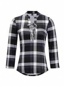 EMERY ROSE Women's V-Neck Drawstring Long Sleeve Plaid Design Casual T-Shirt Graphic Tees Women Tops For Spring Outfit