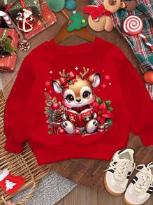 SHEIN Áo nỉ dài tay dày dặn, thoải mái, họa tiết tuần lộc hoạt hình dễ thương dành cho bé gái, thích hợp cho mùa thu/đông. - Màu Đỏ Sâu - Xem 2