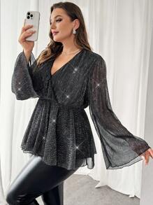 SHEIN Essnce Plus-Size Women's Black Long-Sleeved Top, Festive Dress,Sheer Long Sleeve Top,Long Sleeve Top Going Out Tops Holiday Outfits,Holiday Tops Women Clothing Christmas Long Sleeve Shirt Black Long Sleeve Top,Classy Outfits
