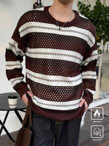 Manfinity CasualKnits 男士休闲撞色条纹镂空针织毛衣，秋冬 - 彩色 - 查看 4