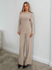 Aloruh 女士斜肩长袖简约毛衣加长裤休闲套装 - 卡其色 - 查看 5