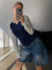 DAZY 女式休闲 V 领拼色长袖 T 恤，秋季 - 藏蓝色 - 查看 7