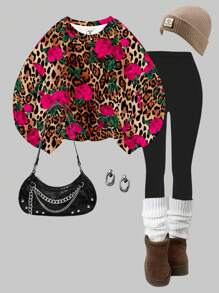 Teen Girls' Leopard Floral Print Casual Crew Neck Comfortable Long Sleeve Sweatshirt And Skinny Pants 2Pcs Set, Suitable For Autumn/Winter - Multicolor - View 2