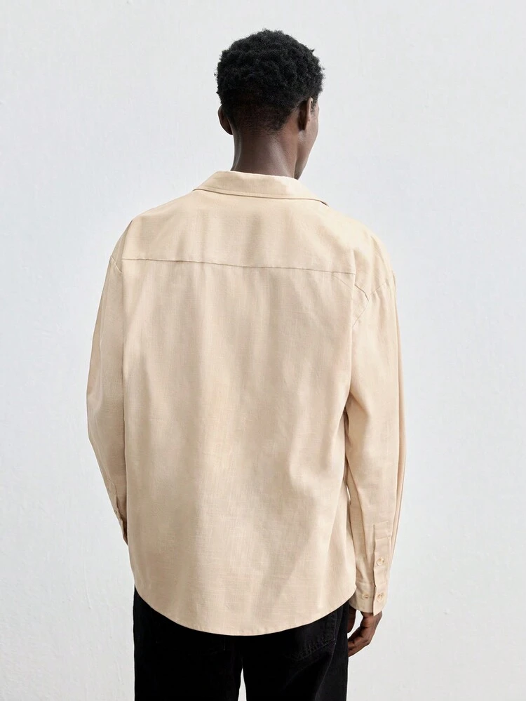 SHEIN Maija Men's Khaki Button-Front Shirt, Solid Color Minimalist Design, Casual And Versatile For Daily Wear, Spring/Summer 2025, Holidays, Parties, Valentine's Day, Casual Occasions