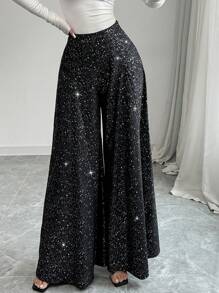 Chiquease Damen glänzende hochtaillierte lässige, vielseitige, gerade Schlaghose, Herbst-Neuheit