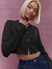 MISSGUIDED 复古 Y2K 学院风纽扣前短款开衫长袖针织毛衣经典秋冬基本款层叠必备日常休闲针织衫 - 黑色 - 查看 3