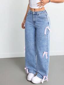 SHEIN Tall Women's Sweet Loose Wide Leg Bow-Knot Blue Y2k Clothes New Years Baggy Jeans, Fall Women Clothes - Medium Wash - View 3