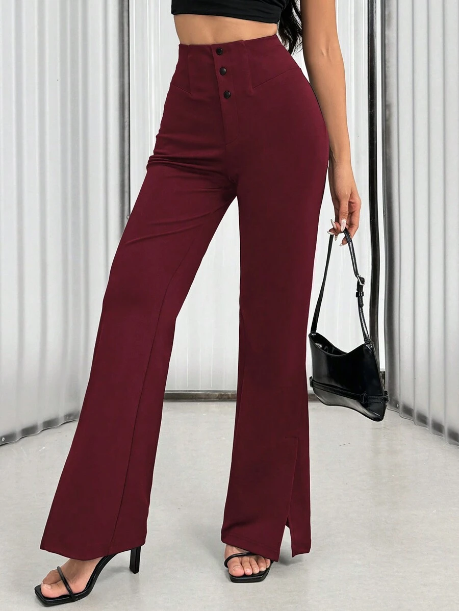 Chiquease High Waist Split Flared Leg Casual Work Pants Fall Cloth For Women - Burgundy - View 1