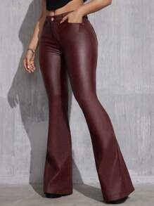 SHEIN Tall Women's Plain PU Leather Flare Pants With Pockets, Fashion' Fall Cloth For Women