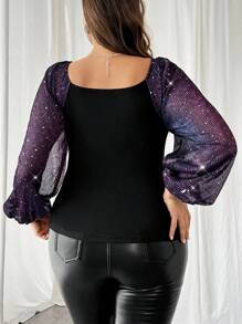 SHEIN Essnce قمصان نسائية كبيرة الحجم لموضة الخريف والشتاء ذات طابع أنيق وجذاب لحفلات المناسبات، بياقة واسعة باللون الأسود واكمام لامعة باللون البنفسجي، قمصان ضيقة ومريحة، مناسبة لرأس السنة والكريسماس، قمصان مرصعة بالترتر ومحكمة الضبط - الأسود - مشاهدة 3