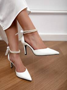 CUCCOO HITCHD Women's Pointed Toe High Heel Shoes With Pearl, Romantic Elegant Bowknot Lace-Up Bridal Wedding Pumps For Bride And Bridesmaids Valentines - White - View 3