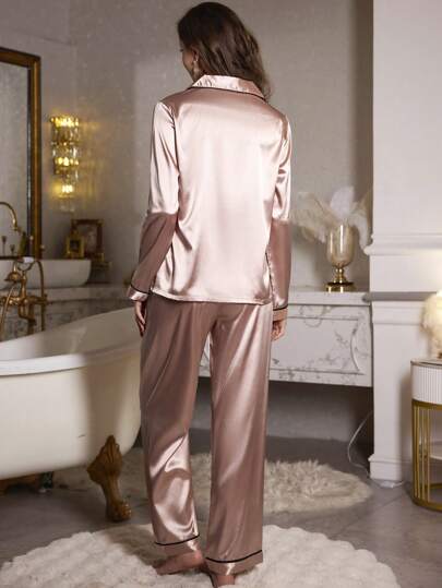 LuxeNights Contrast Lapel Pockets Geborduurde Pajama Set, Fall Clothes Cozy Elegante view 2