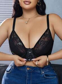 Plus Size 1pc Front Closure Lace Patchwork Underwired Bra, Suitable For Valentine's Day