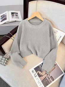 SHEIN Suéter holgado informal de cuello redondo con mangas abultadas y textura en color verde para niñas preadolescentes - Gris - Ver 8