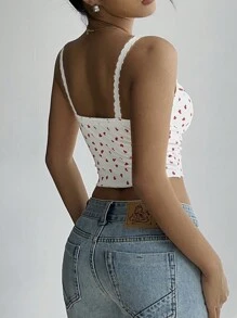 Aloruh T-shirt femme sexy et romantique avec imprimé cœur en dentelle et nœud, Top court ajusté, débardeur mignon style Y2K en dentelle, tenue pour Noël et Nouvel An