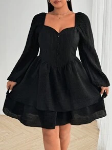 Vionelle Plus Size Sweet Square Neck Ruffle Hem Puff Dress Fall Cloth For Women - Black - View 4