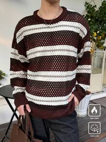 Manfinity CasualKnits 男士休闲撞色条纹镂空针织毛衣，秋冬 - 彩色 - 查看 7