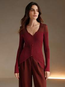 Anewsta Women's Solid Color V-Neck Long Sleeve Button Design Knit Sweater, Autumn/Winter
