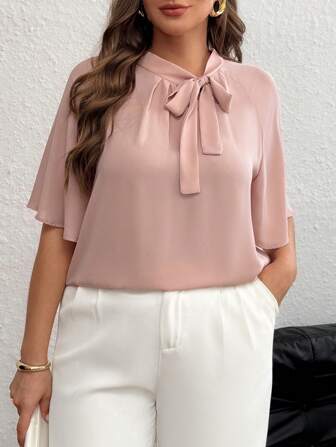 SHEIN Privé Plus Size Plain Tie Neck Elegant Shirt For Summer