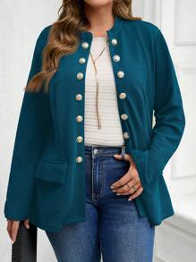 EMERY ROSE Plus Size Women Jacket With Pockets, Minimalist Fashion Casual Daily - Dusty Blue - View 6