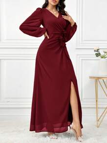 Modelyn Sukienka damska w jednolitym kolorze z dekoltem w serek i rękawami w kształcie latarni, z kwiatowym wzorem, bardzo długa, długie suknie wieczorowe