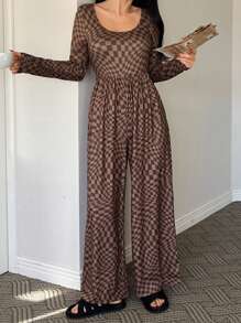 DAZY Geometric Pattern Full Print Fitted Wide Leg Jumpsuit Pajamas - Coffee Brown - View 4