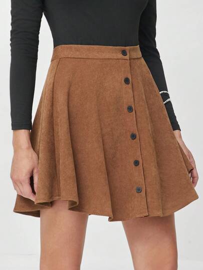 Button Up Flare Cord Skirt