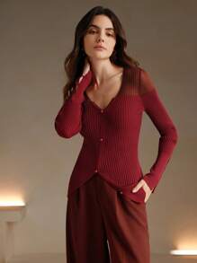 Anewsta Women's Solid Color V-Neck Long Sleeve Button Design Knit Sweater, Autumn/Winter