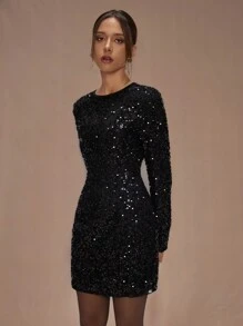 Forever 21 Christmas Party Round Neck Jacquard Sequin Slim Fit Mini Bodycon Long Sleeve Black Dress, New Winter Winter Women Clothes Thanksgiving Women Outfit Long Sleeve Women Christmas Women Clothes Christmas Outfits Long Sleeve Dress Christmas Women Dress Christmas Party Dress Mini Christmas Women Clothes Holiday Cute Outfits Winter - Black - View 1