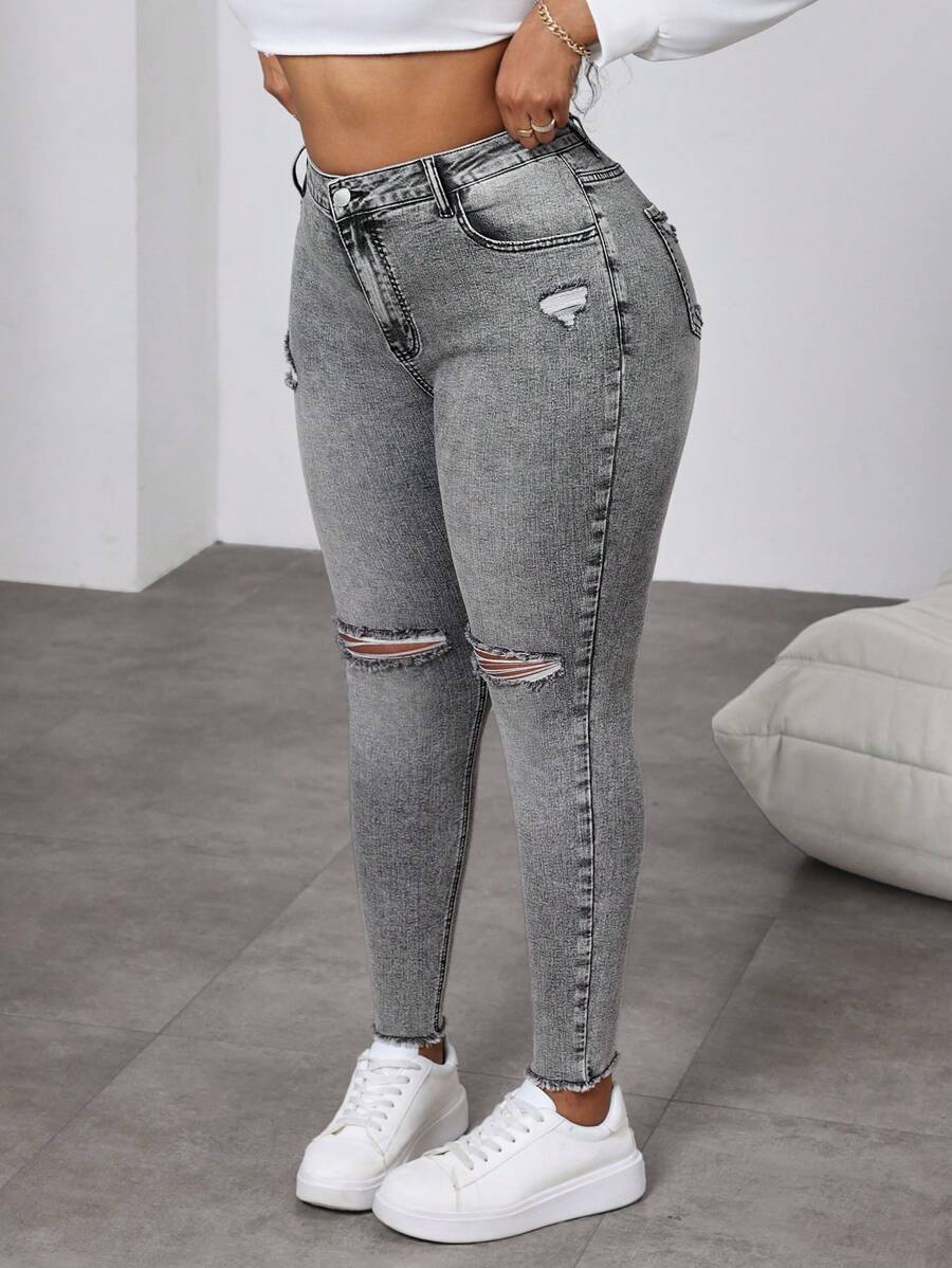 Slaydiva Plus Size Distressed Black Skinny Stretch Denim Jeans, Fall Women Clothes