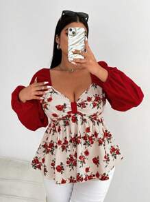 Flirla Damen Große Größen elegante Schleifen-Puff-Ärmel Taille Hoch A-Linie Shirt, süß & niedlich, Herbst/Winter Peplum Top - Verschiedenfarbig - Übersicht 6