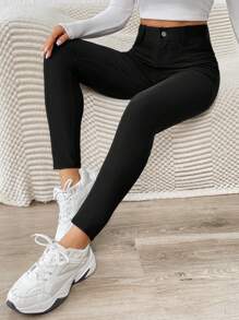 SHEIN Essnce Collant neri basic, elastici e aderenti, adatti per tutte le occasioni, dalla vita quotidiana al lavoro, in stile minimalista, comodi e con elasticità, per donne curvy e taglie forti, ideali per primavera ed estate