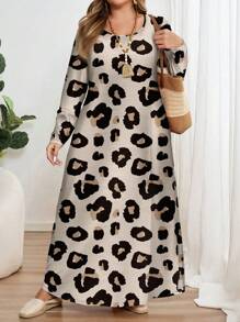 EMERY ROSE Plus Size Leopard Print Long Sleeve Round Neck Loose Dress, Suitable For Autumn/Winter