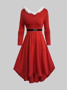 Chiquease 女士优雅拼布蓬松 V 领长袖连衣裙，春秋季新年衣服 - 紅色 - 查看 1