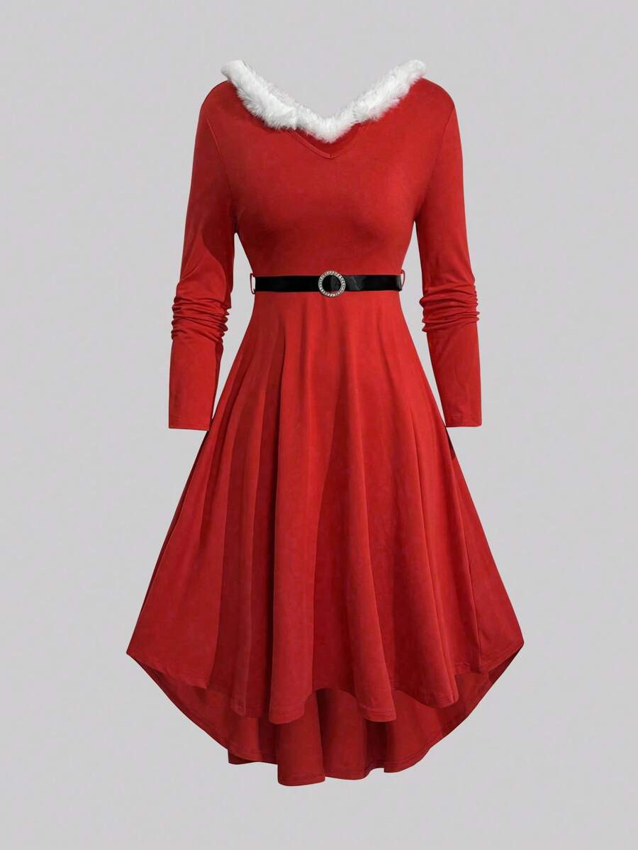 Chiquease 女士优雅拼布蓬松 V 领长袖连衣裙，春秋季新年衣服 - 紅色 - 查看 1