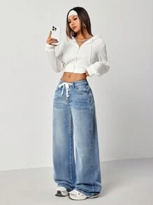 SHEIN EZwear Women's Autumn Belted Waist Pocket Loose High Waist Wide Leg Casual Jeans