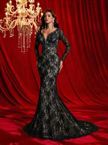 Glamrae 优雅浪漫的黑色蕾丝华丽贴花甜心领长袖美人鱼背部，大 V 形背部和大尾巴，适合晚餐、单身派对、生日约会晚礼服