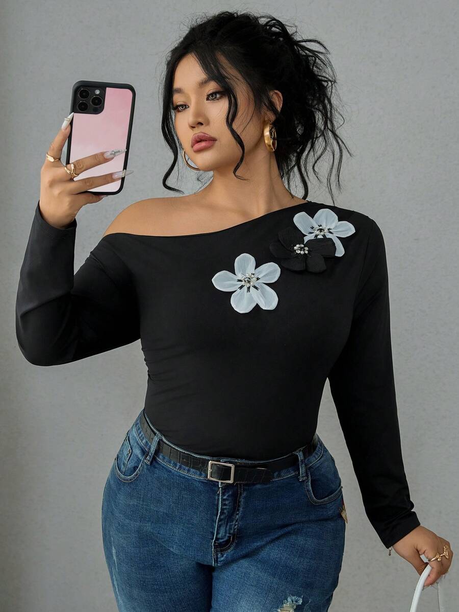 Flirla Damen Große Größen Schwarz & Weiß Blumen Schulterfreies Langarm T-Shirt Grafik Oberteile Damen für den Frühling