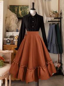 SHEIN MOOSTA Plus Size Women Ruffle Hem Vintage Flare Skirt, Casual Party Wear Maxi - Rust Brown - View 1