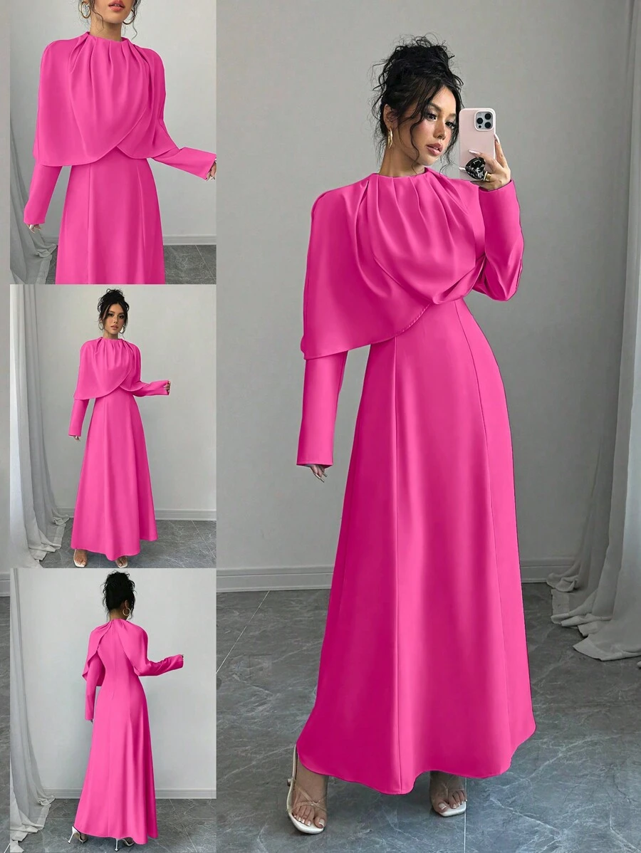 Elenzga Robe longue élégante, plissée, à manches longues, col rond, de couleur unie, pour femmes en automne - Rose vif - Voir 1