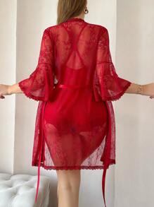 2pcs Women Lace Patchwork Hollow Out Crop Top And Lace Robe Sleepwear Set