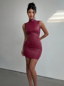 Aloruh 女士性感复古高领修身酒红色 PU 皮革迷你连衣裙 - 酒紅色 - 查看 7