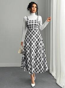 Elenzga Váy midi dệt kim co giãn không tay kẻ sọc đỏ Giáng sinh có eo dành cho nữ, đa năng cho trang phục Maxi mùa thu/đông dành cho nữ - Đen và trắng - Xem 5