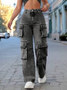 Casual Washed Gray Multi Pocket Straight Leg Cargo Pants
