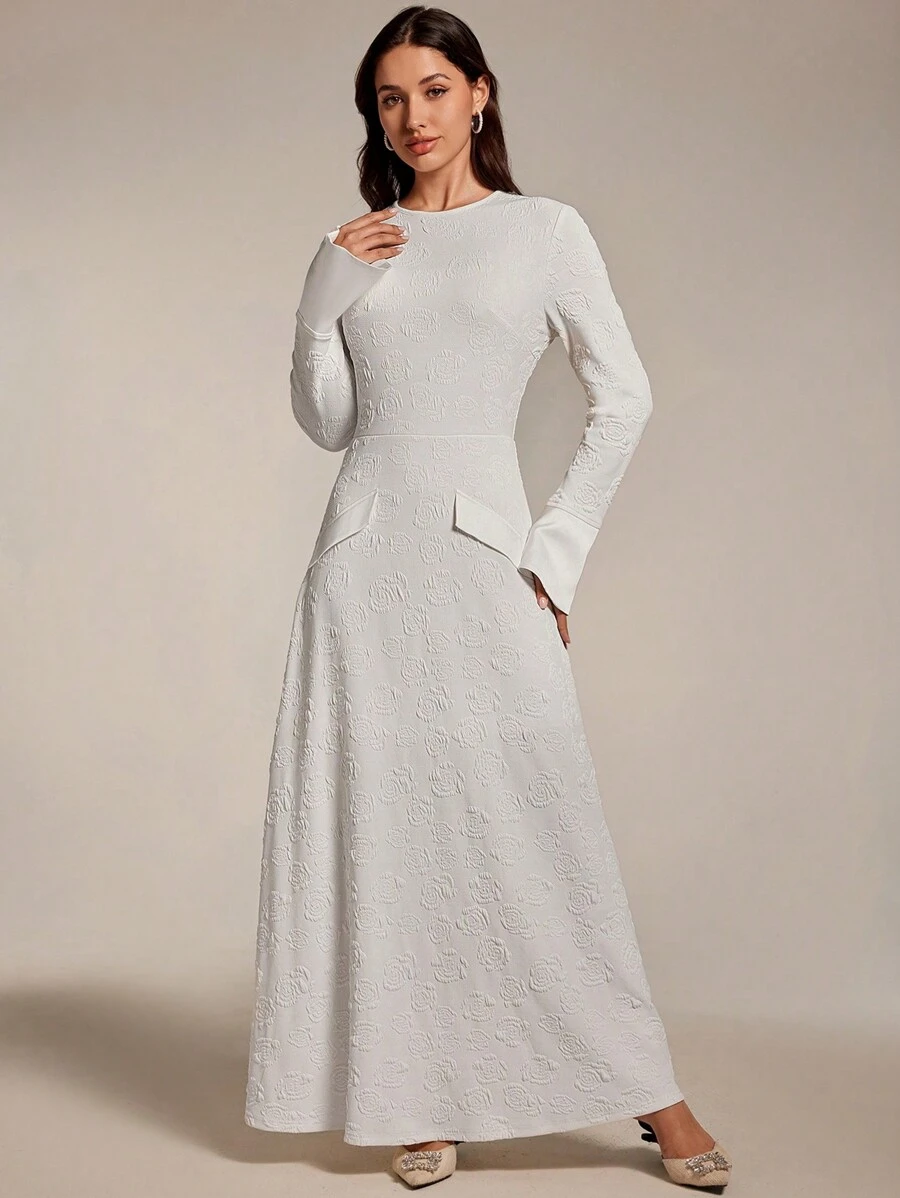 Modelyn Women's Floral Jacquard Long Sleeve Elegant Dress Long Evening Dresses