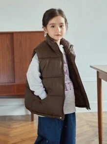 Tween Girls' Loose Casual Minimalist Comfortable Stand Collar Letter Print Sleeveless Warm Cotton Padded Coat
