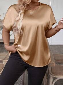 EMERY ROSE Plus Size Women's Satin Batwing Sleeve Shirt