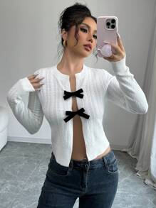 SHEIN Unity 新款宽松可爱韩版简约蝴蝶结设计女式套头毛衣，秋冬针织套头衫 - 白色 - 查看 3