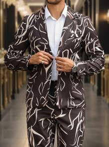 Manfinity Mode 2pcs/Set Men's Casual Striped Print Notched Lapel Long Sleeve Blazer Jacket And Pants Suit, Spring & Autumn